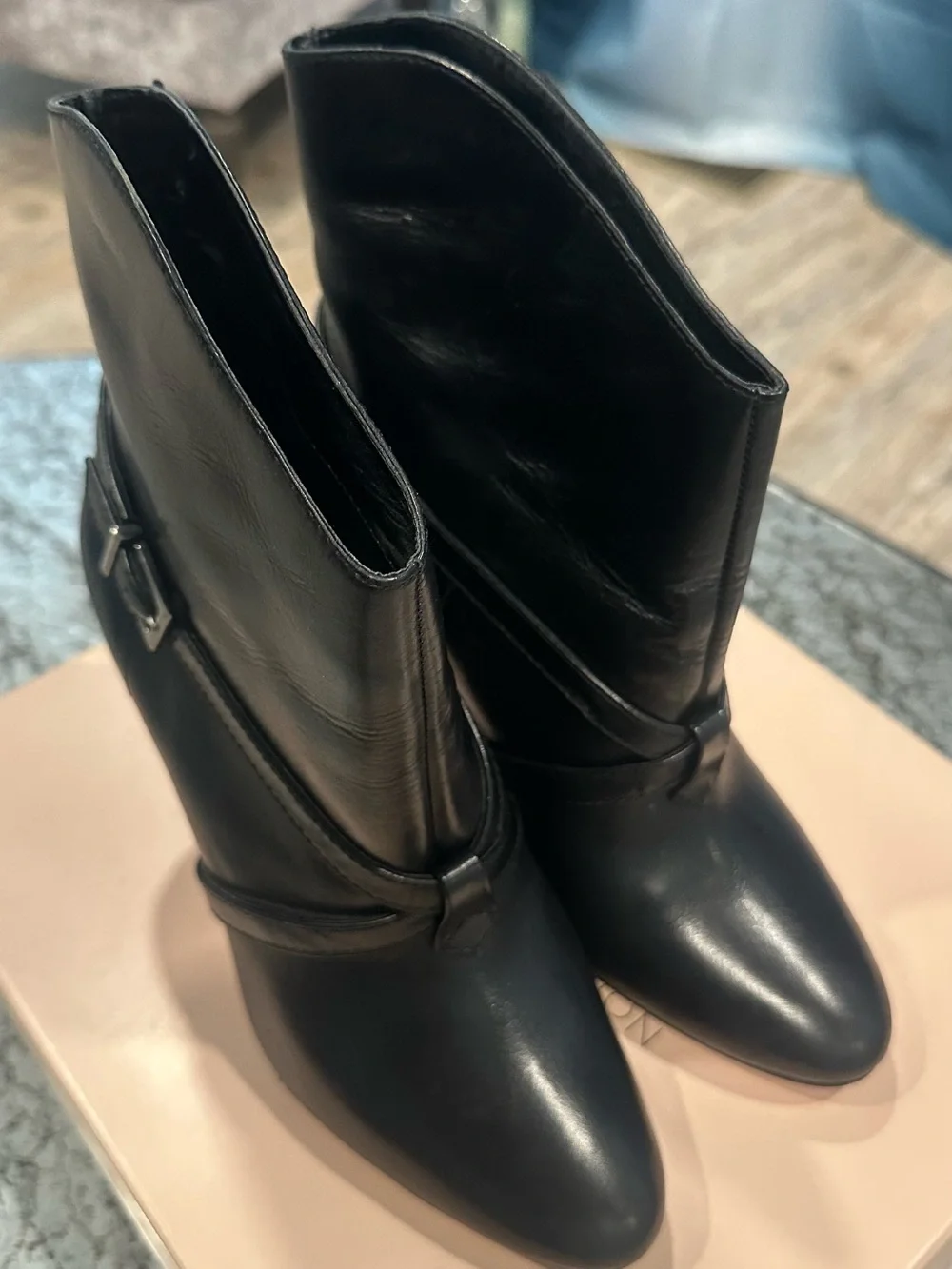 BCBG Black Leather Pointed-Toe Ankle Booties with Buckle Strap - Picture 2 of 7